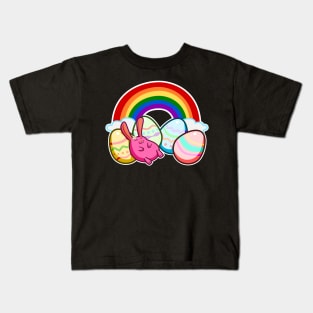 Easter Rainbow Pink Bunny Rabbit Sleeping On Colorful Eggs Kids T-Shirt